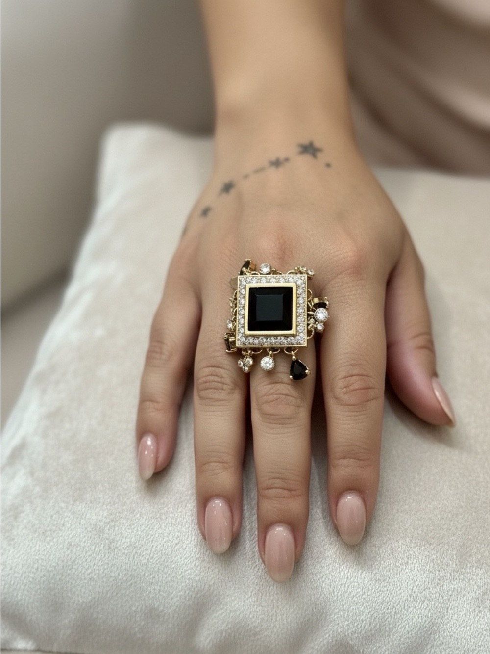 Gold-Tone Black Square Statement Ring with Crystal Accents